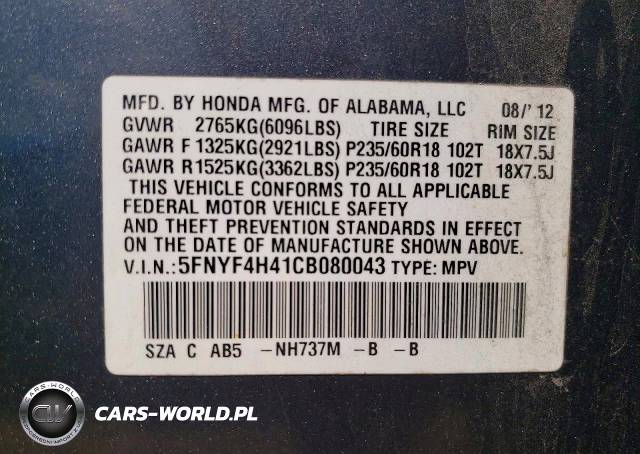 2012 Honda Pilot Ex VIN:5FNYF4H41CB080043 - 13