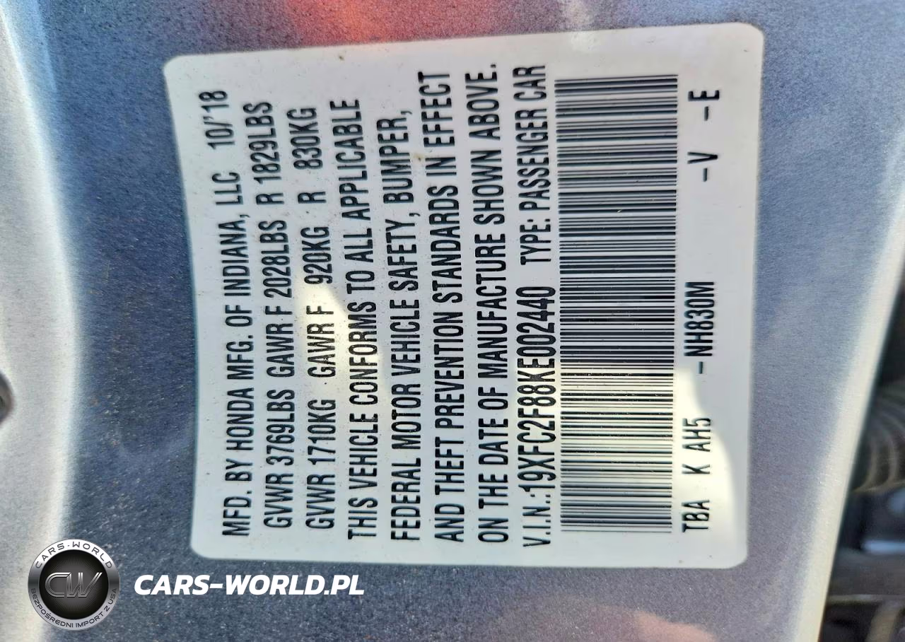 2019 Honda Civic Sport VIN:19XFC2F88KE002440 - 13