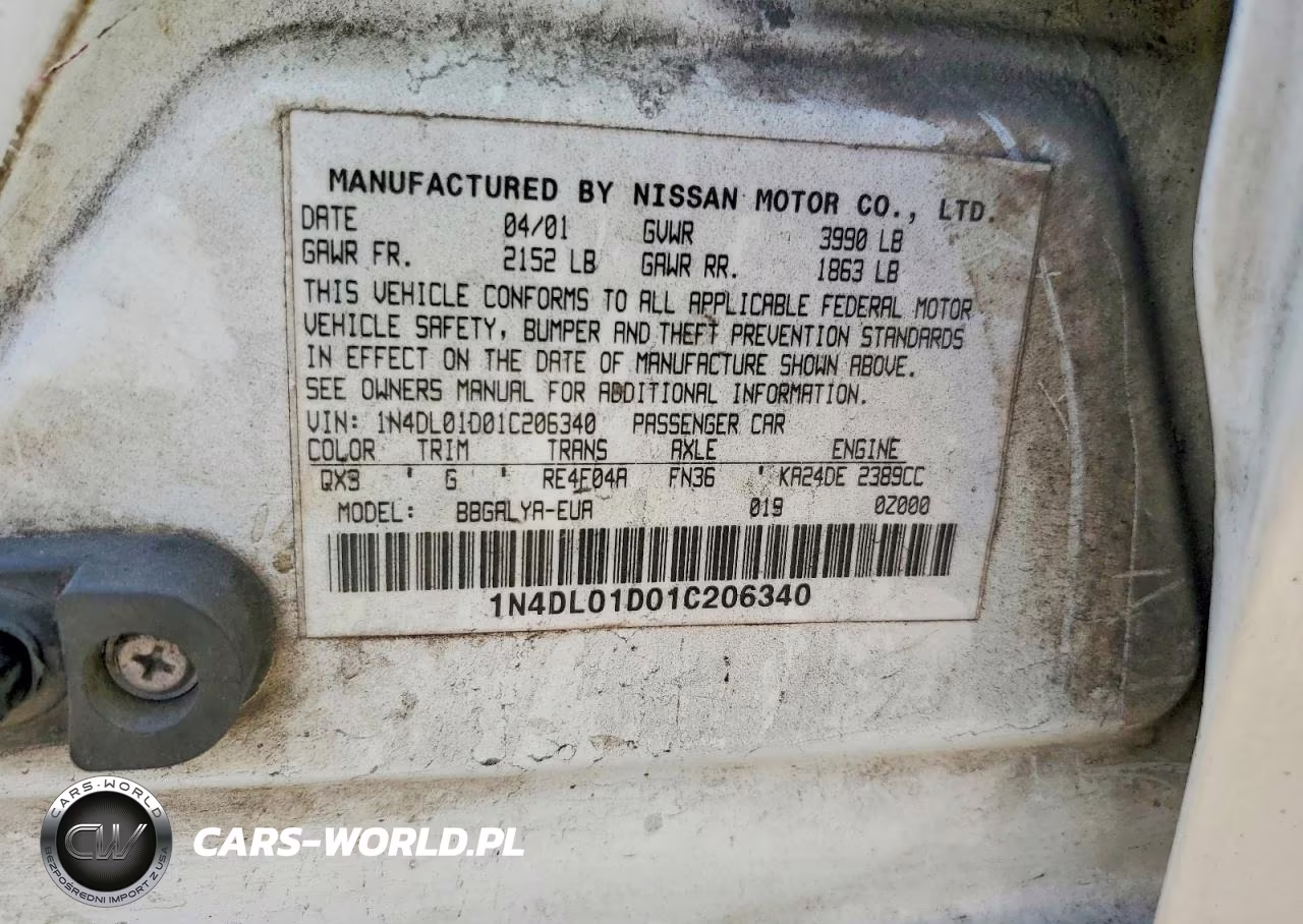 2001 Nissan Altima Xe VIN:1N4DL01D01C206340 - 12