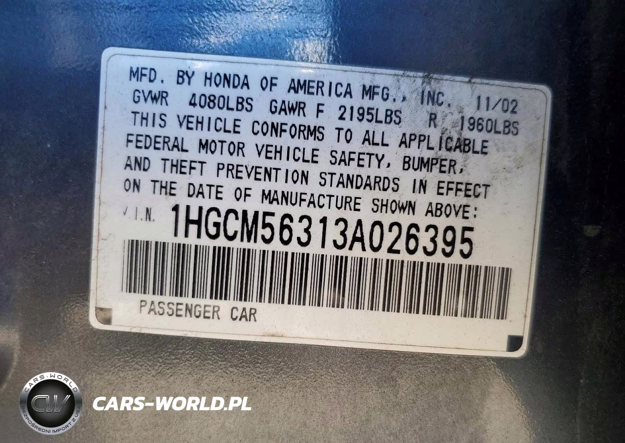 2003 Honda Accord Lx VIN:1HGCM56313A026395 - 12