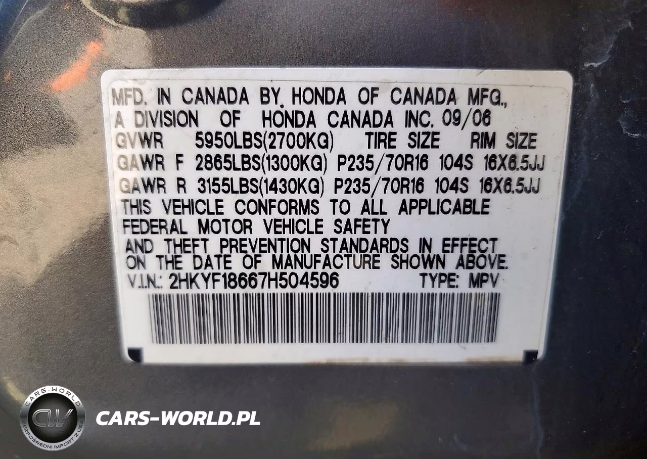 2007 Honda Pilot Exl VIN:2HKYF18667H504596 - 13