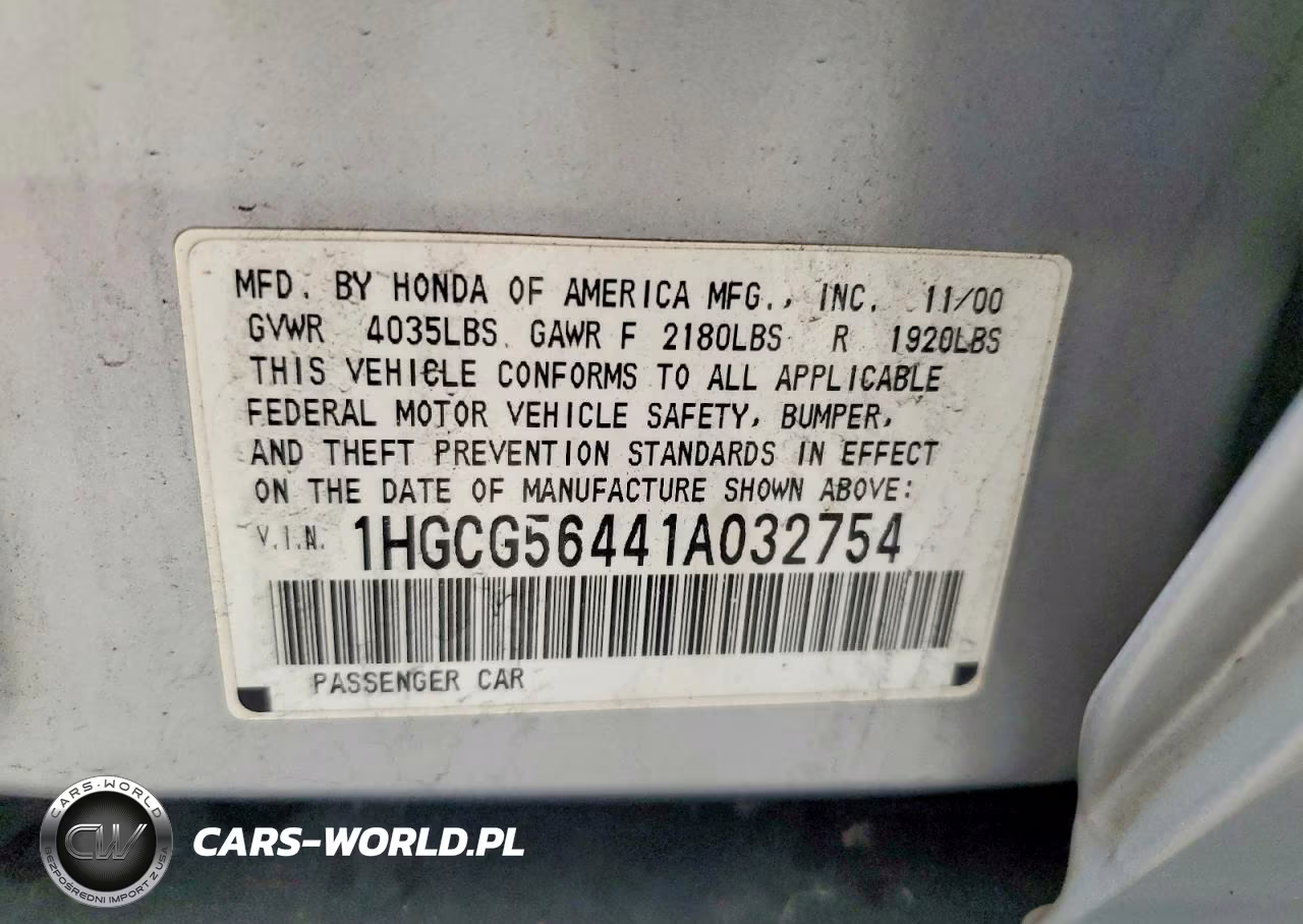 2001 Honda Accord Lx VIN:1HGCG56441A032754 - 12