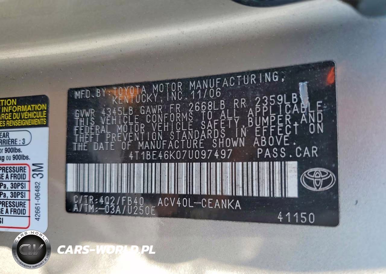 2007 Toyota Camry Le VIN:4T1BE46K07U097497 - 12