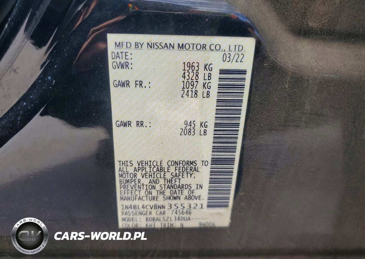 2022 Nissan Altima Sr VIN:1N4BL4CV8NN355321 - 12