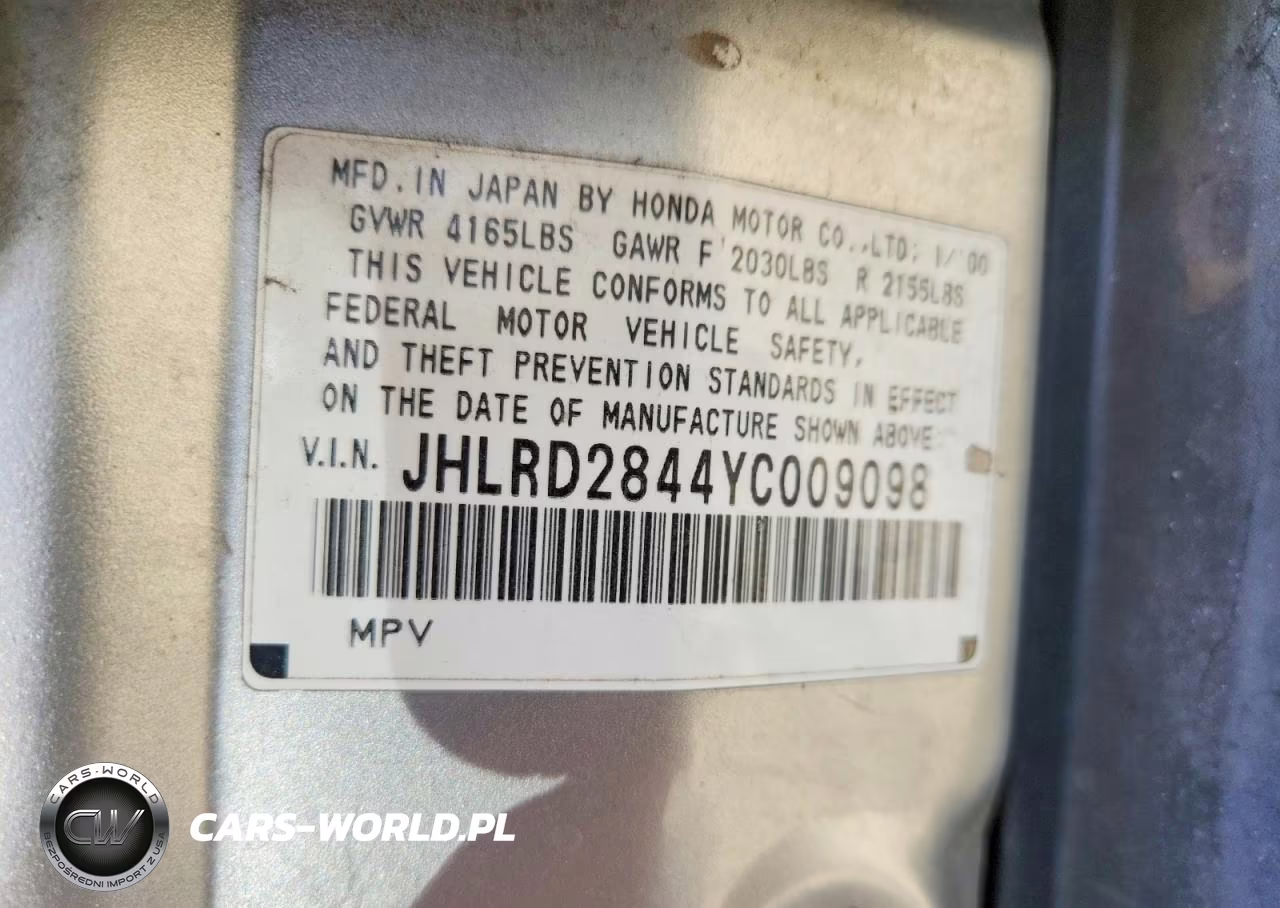 2000 Honda Cr-V Lx VIN:JHLRD2844YC009098 - 12