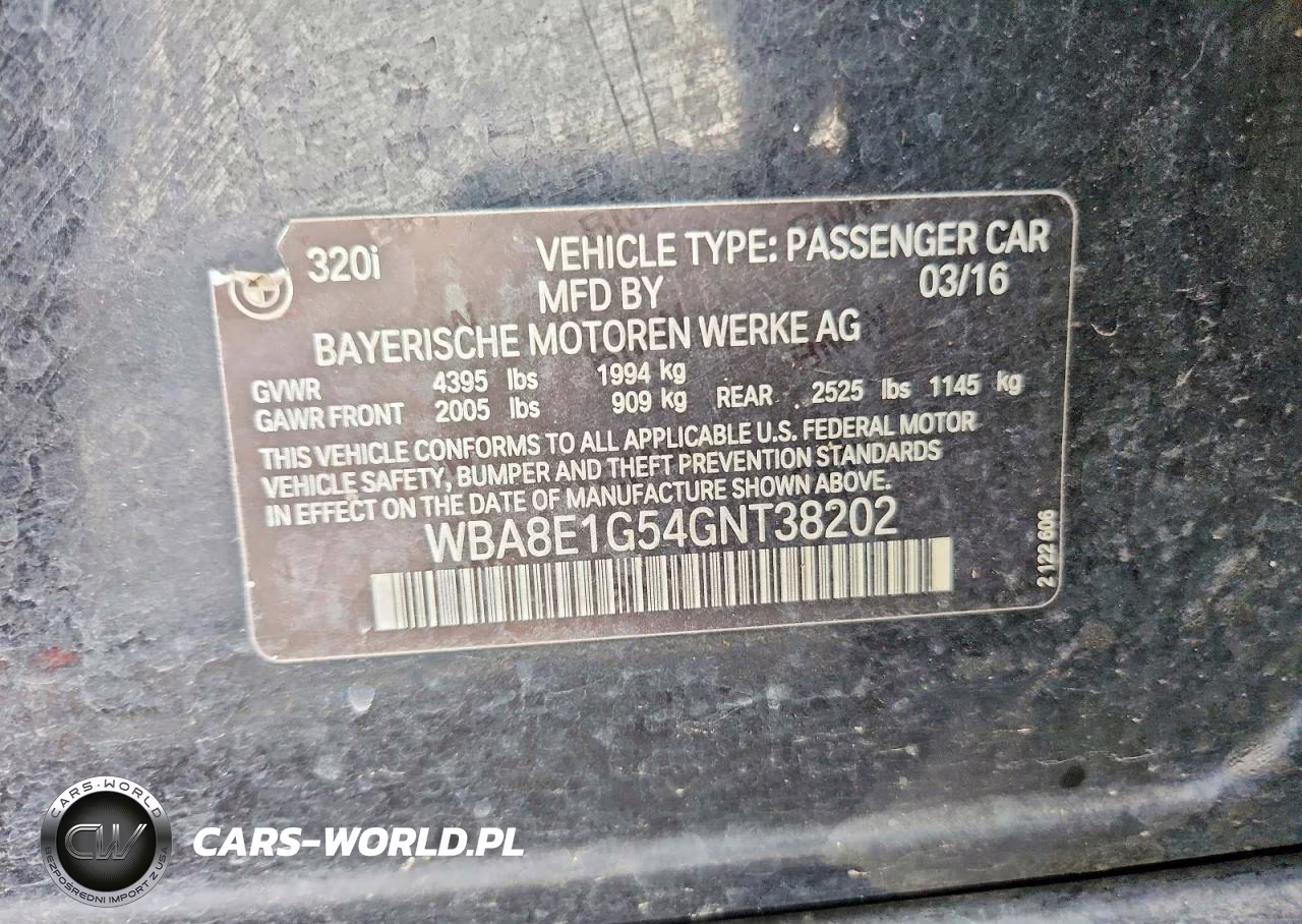 2016 BMW 320 I VIN:WBA8E1G54GNT38202 - 12