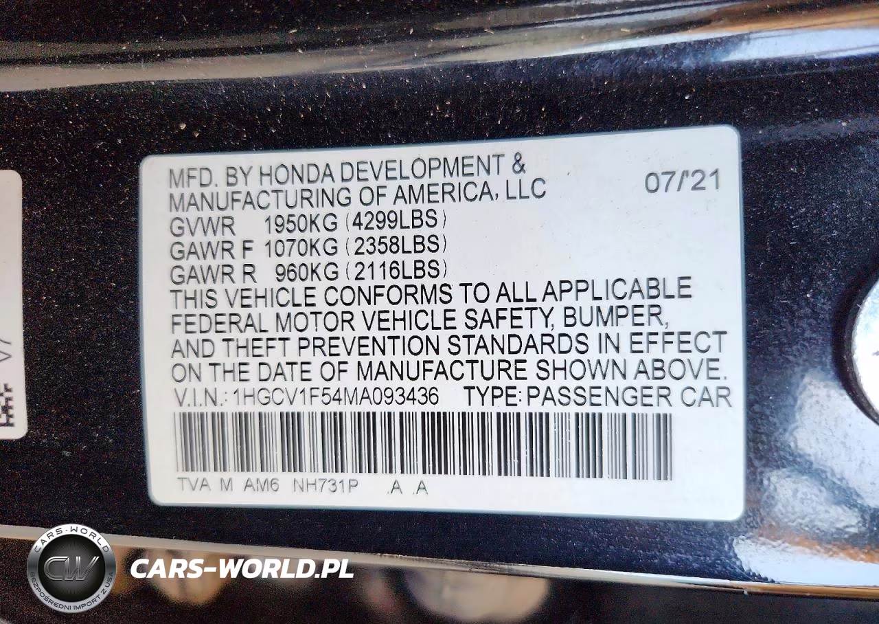2021 Honda Accord Exl VIN:1HGCV1F54MA093436 - 12