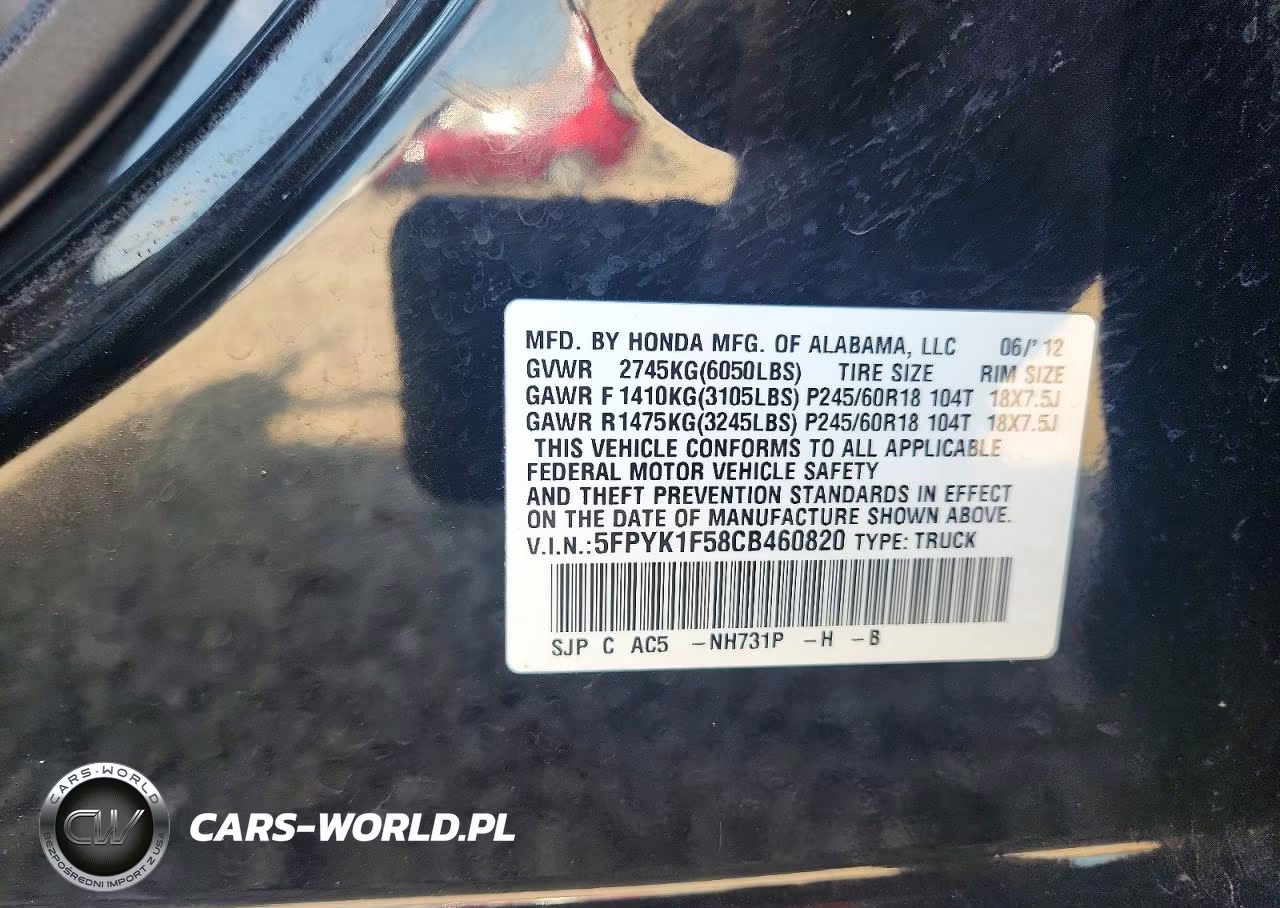2012 Honda Ridgeline Rtl VIN:5FPYK1F58CB460820 - 12