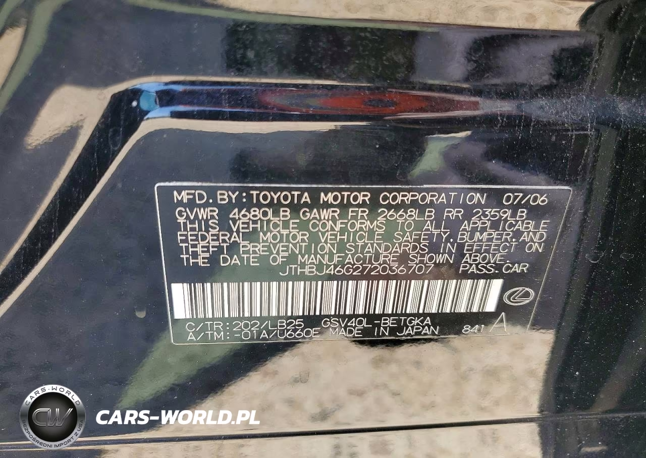 2007 Lexus Es 350 VIN:JTHBJ46G272036707 - 12