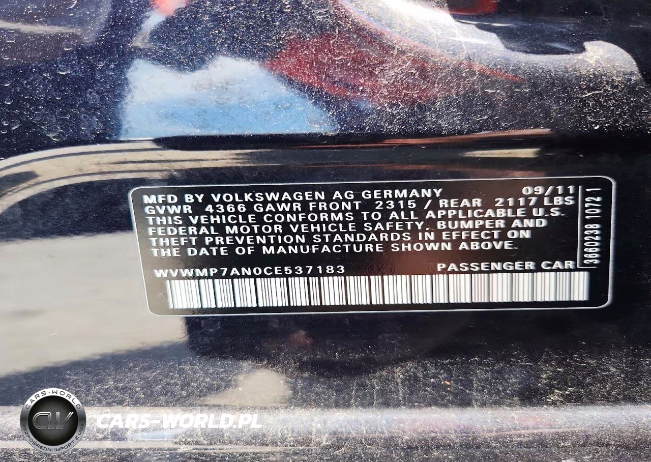 2012 Volkswagen Cc Sport VIN:WVWMP7AN0CE537183 - 12