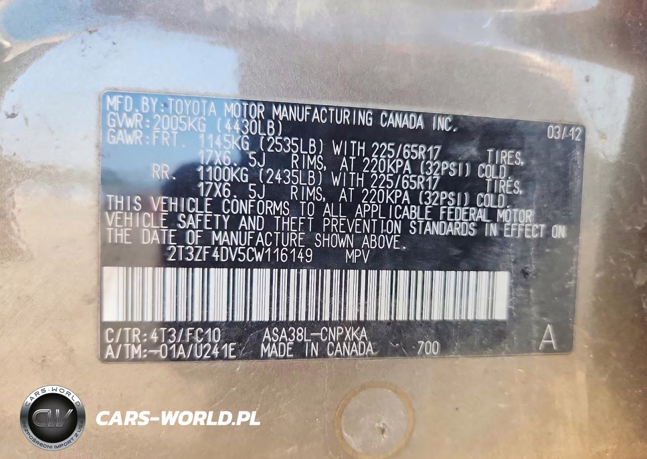 2012 Toyota Rav4 Base VIN:2T3ZF4DV5CW116149 - 12