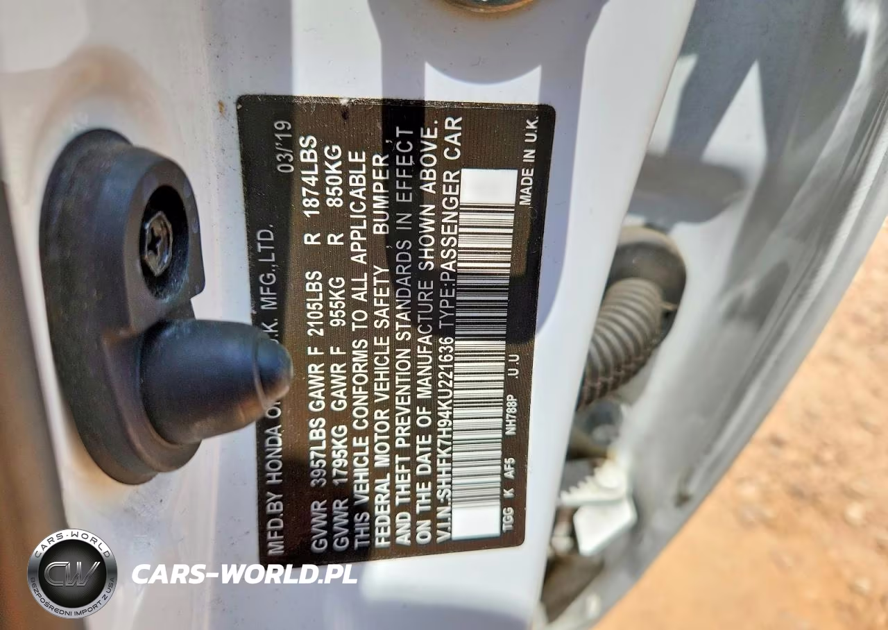 2019 Honda Civic Sport Touring VIN:SHHFK7H94KU221636 - 12