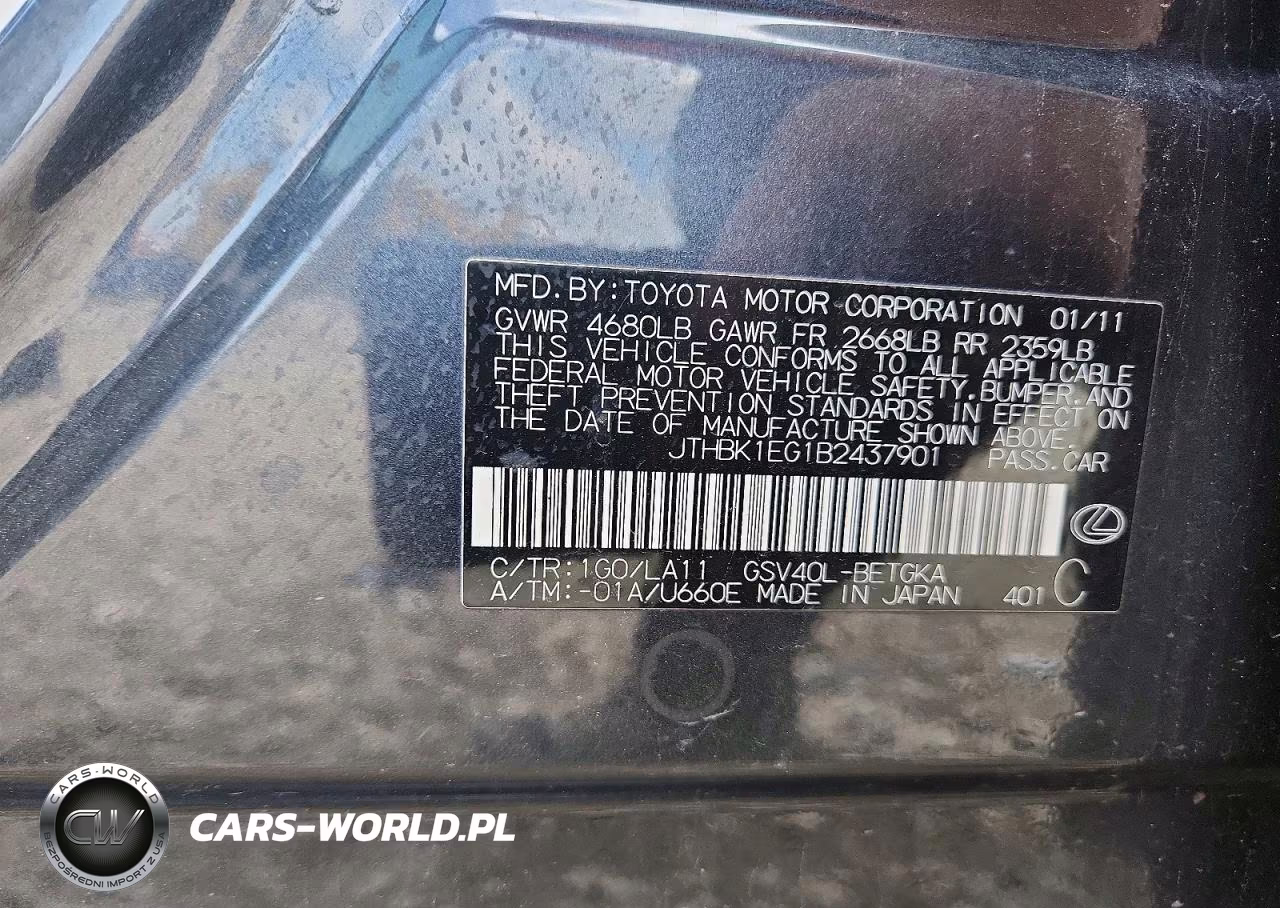 2011 Lexus Es 350 VIN:JTHBK1EG1B2437901 - 12