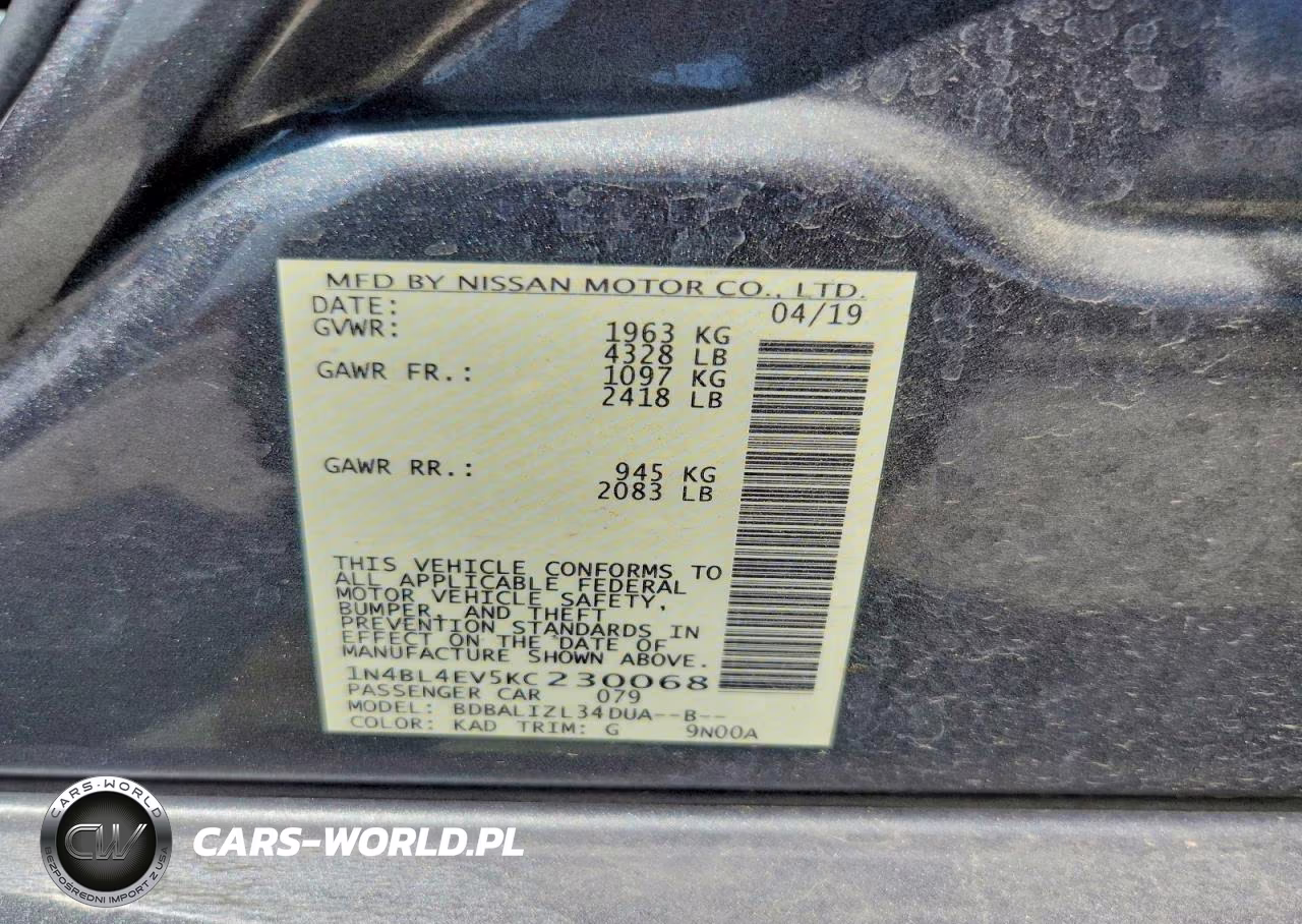 2019 Nissan Altima Sl VIN:1N4BL4EV5KC230068 - 12