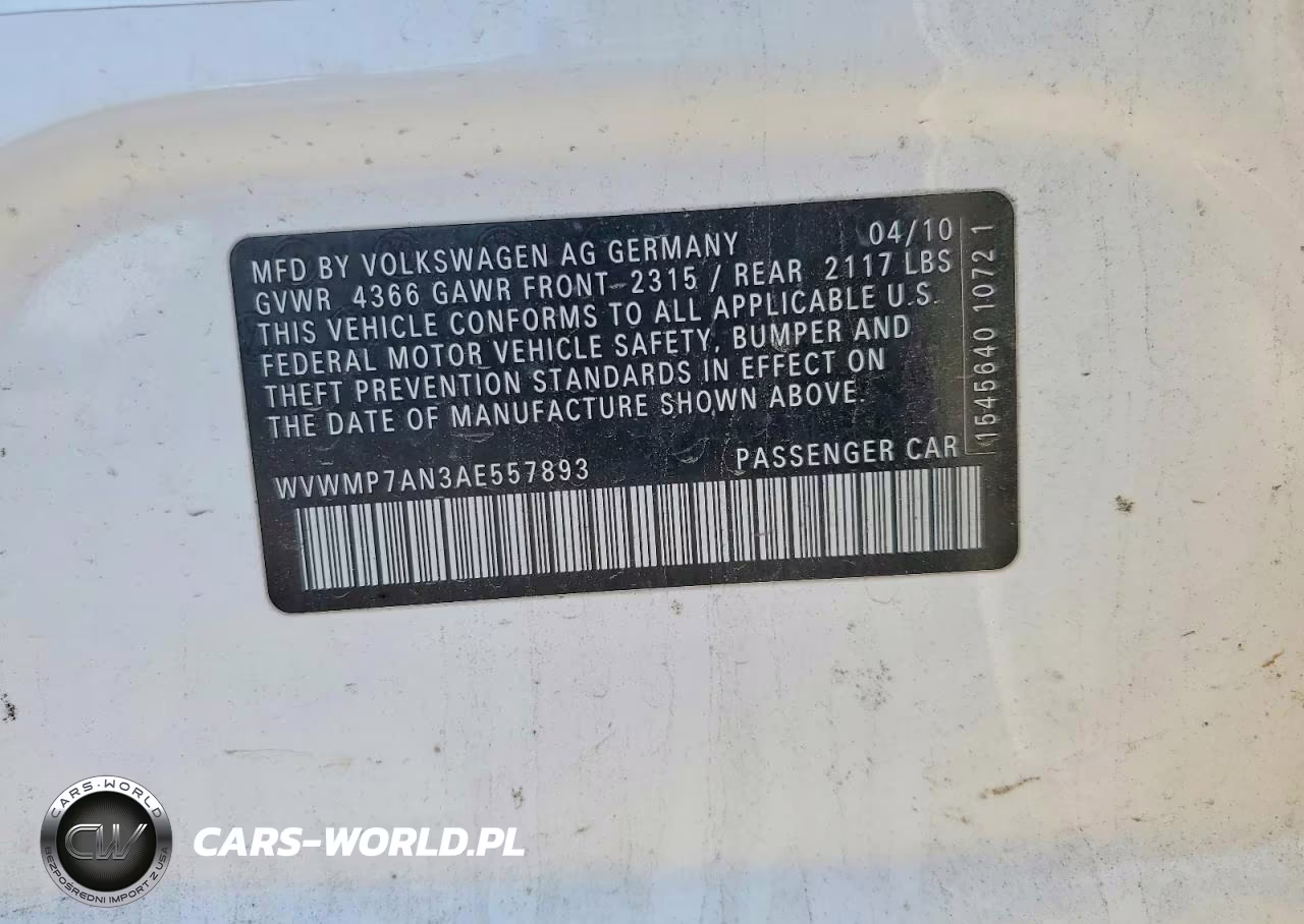 2010 Volkswagen Cc Sport VIN:WVWMP7AN3AE557893 - 12