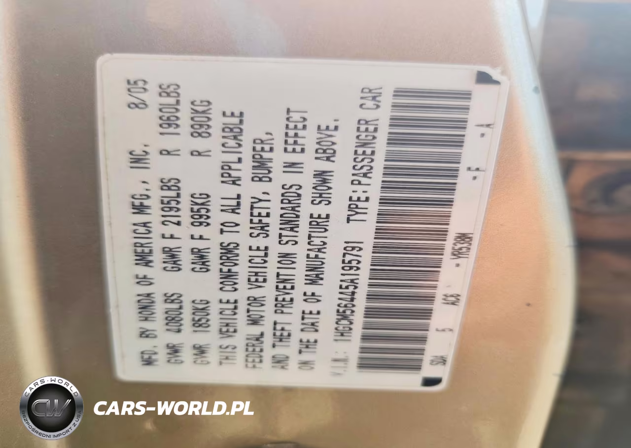 2005 Honda Accord Lx VIN:1HGCM56445A195791 - 12