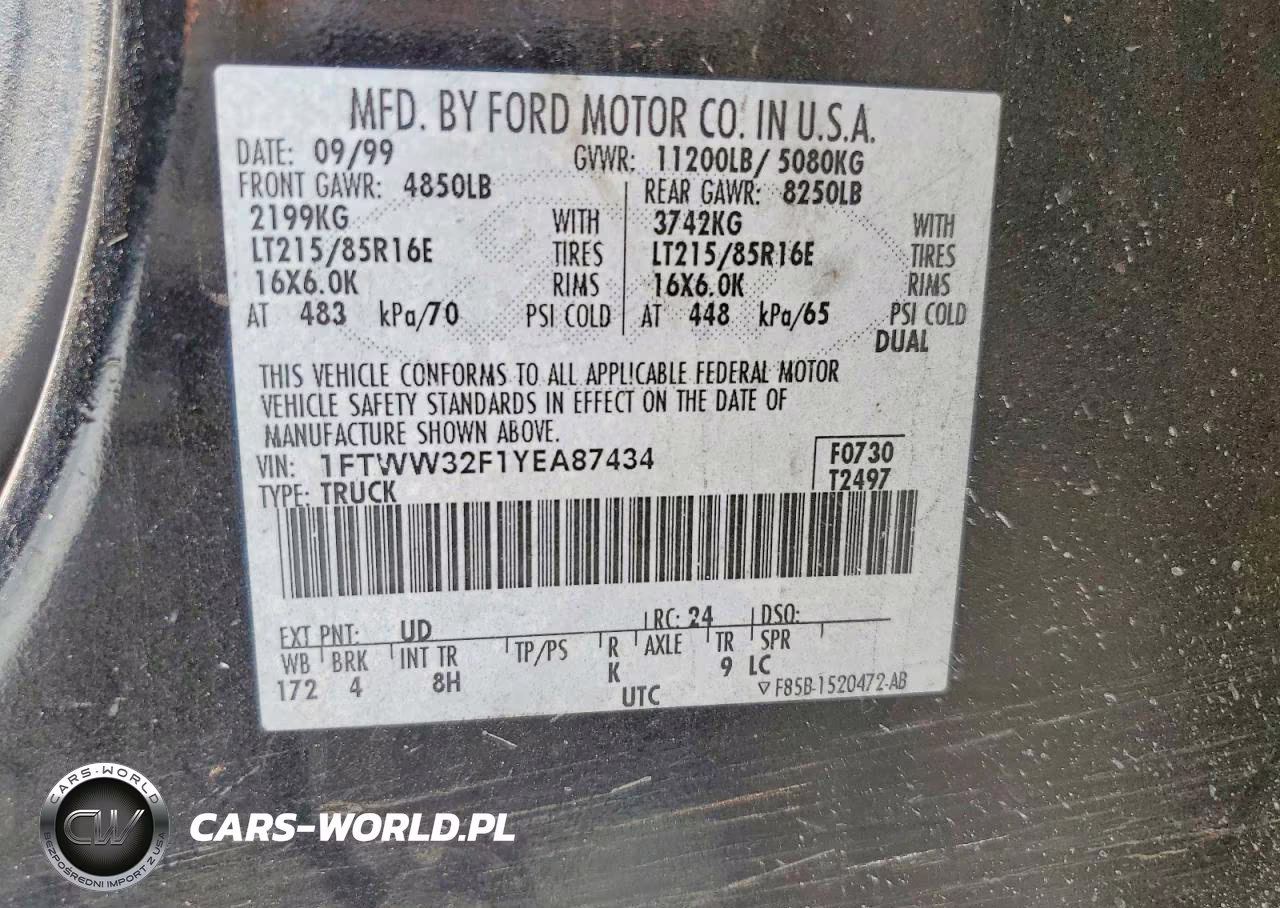 2000 Ford F350 Super Duty VIN:1FTWW32F1YEA87434 - 12