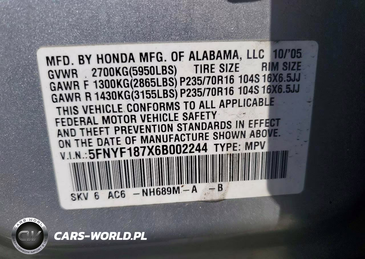 2006 Honda Pilot Ex VIN:5FNYF187X6B002244 - 13