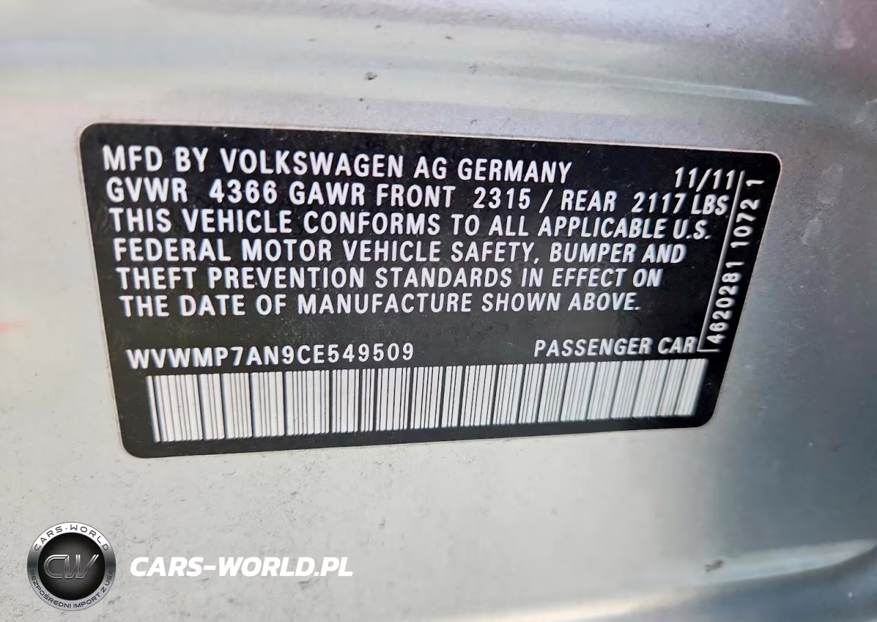2012 Volkswagen Cc Sport VIN:WVWMP7AN9CE549509 - 12