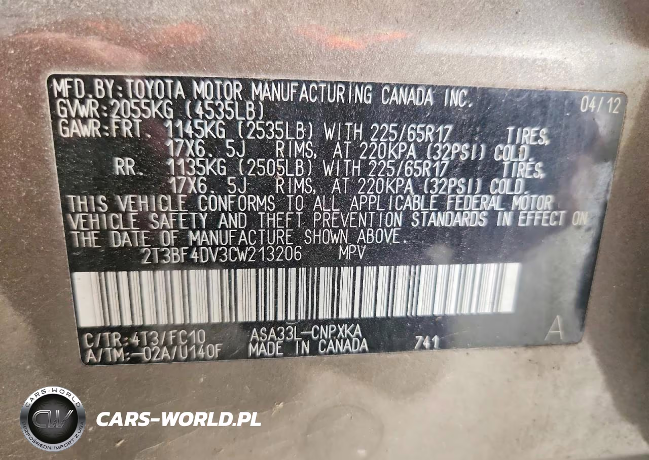 2012 Toyota Rav4 Base VIN:2T3BF4DV3CW213206 - 13