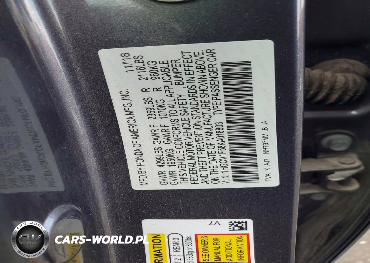 2019 Honda Accord Exl VIN:1HGCV1F58KA018803 - 13