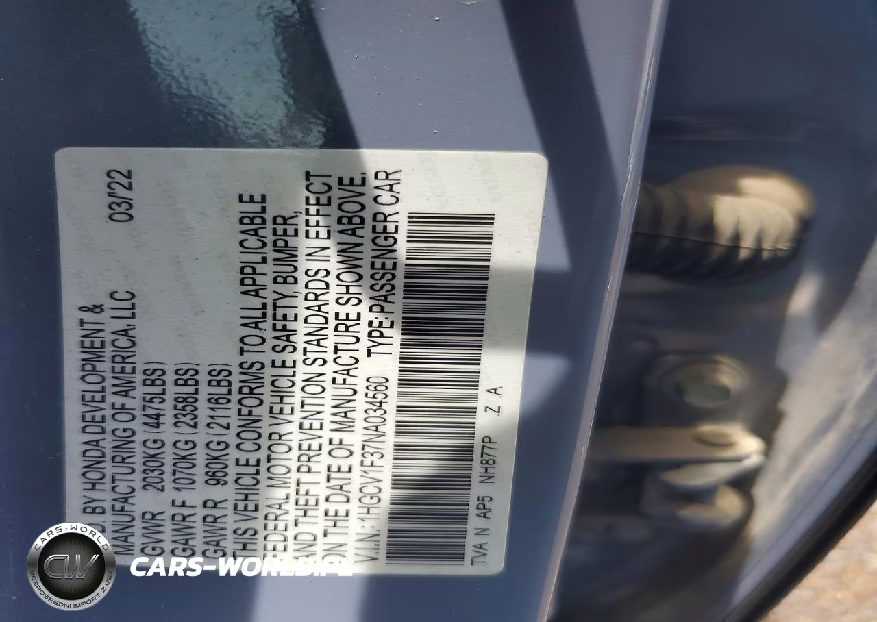 2022 Honda Accord Sport VIN:1HGCV1F37NA034560 - 12