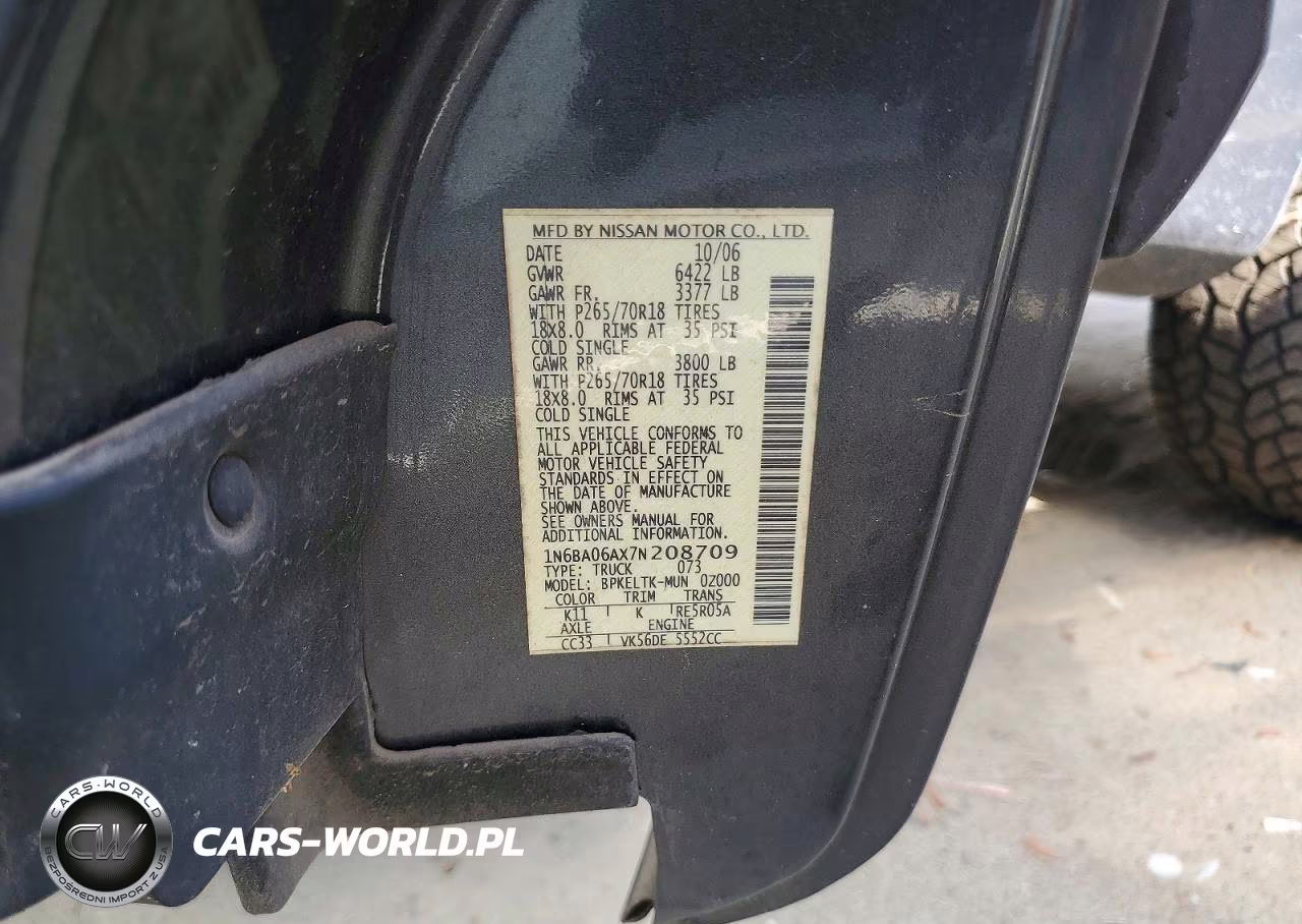 2007 Nissan Titan Xe Ffv VIN:1N6BA06AX7N208709 - 12