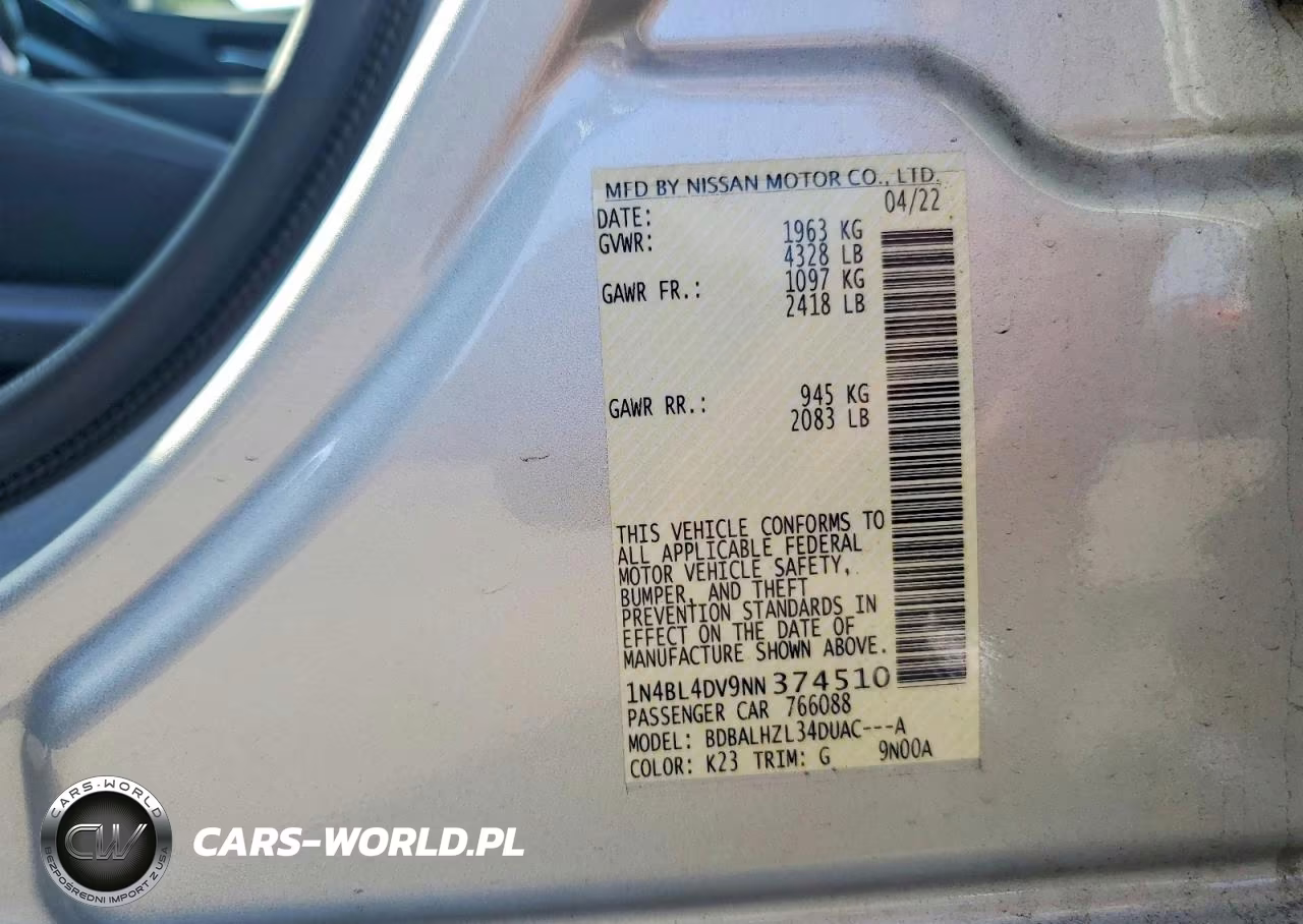 2022 Nissan Altima Sv VIN:1N4BL4DV9NN374510 - 13