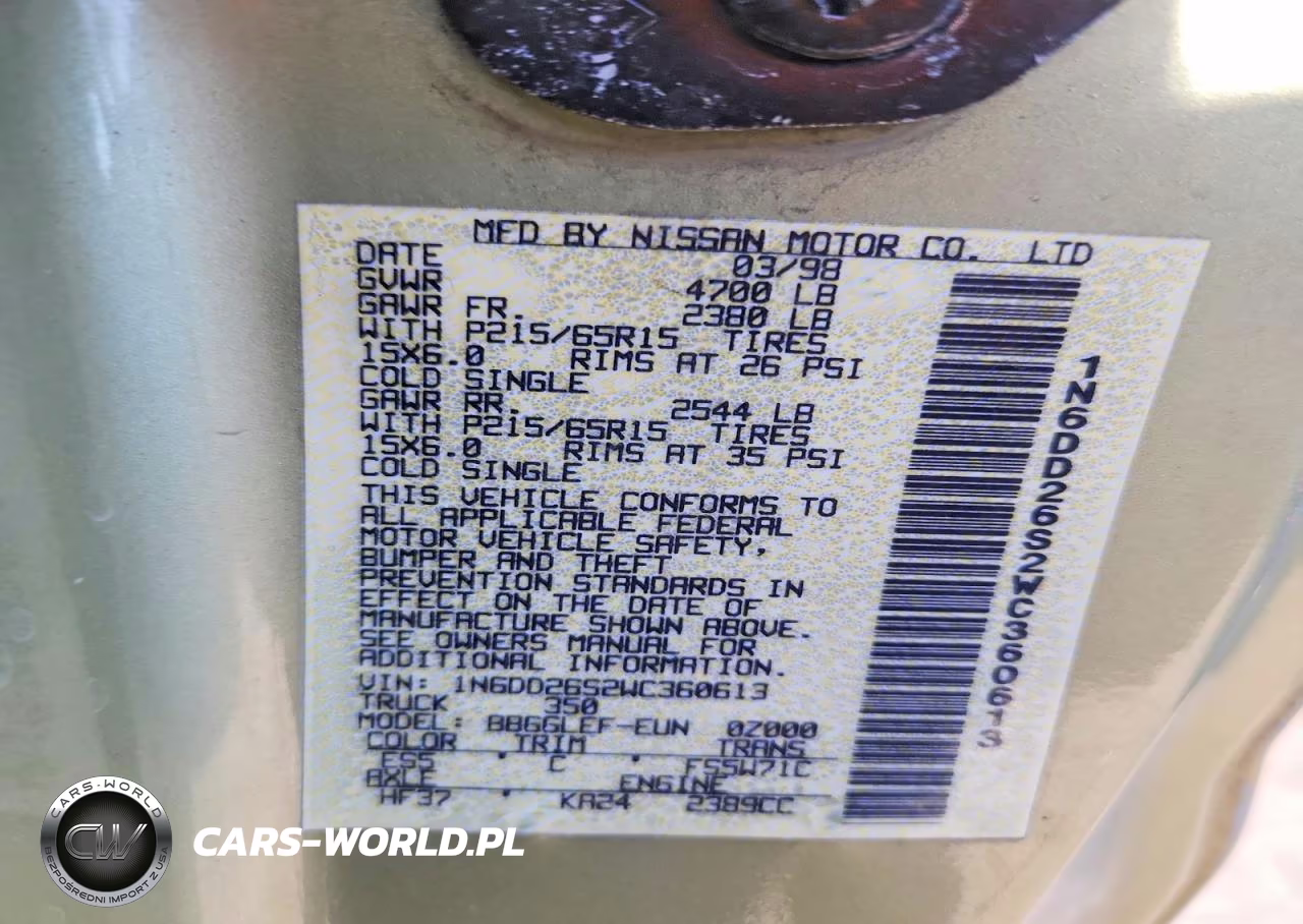 1998 Nissan Frontier Xe VIN:1N6DD26S2WC360613 - 12