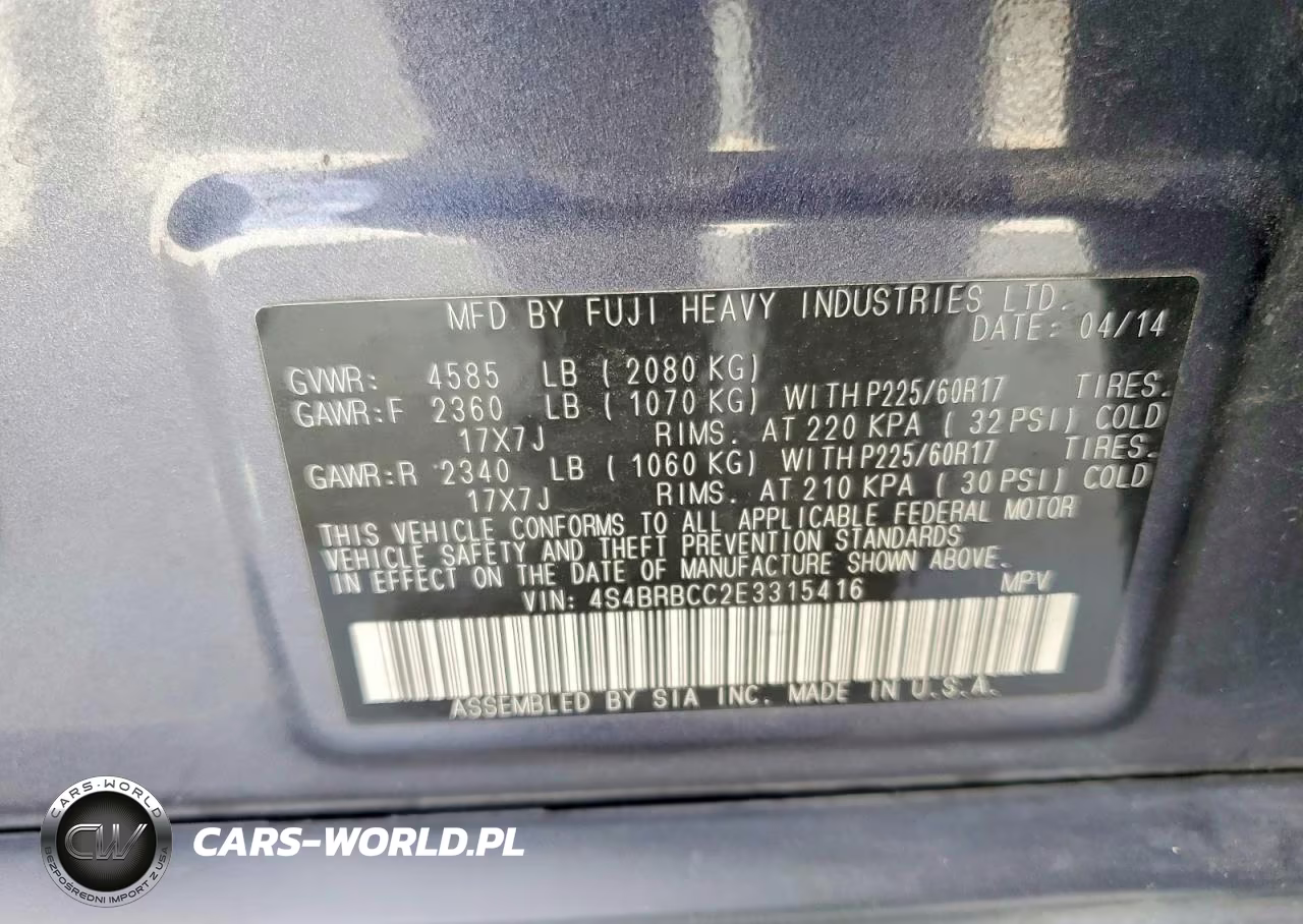 2014 Subaru Outback 2.5I Premium VIN:4S4BRBCC2E3315416 - 13
