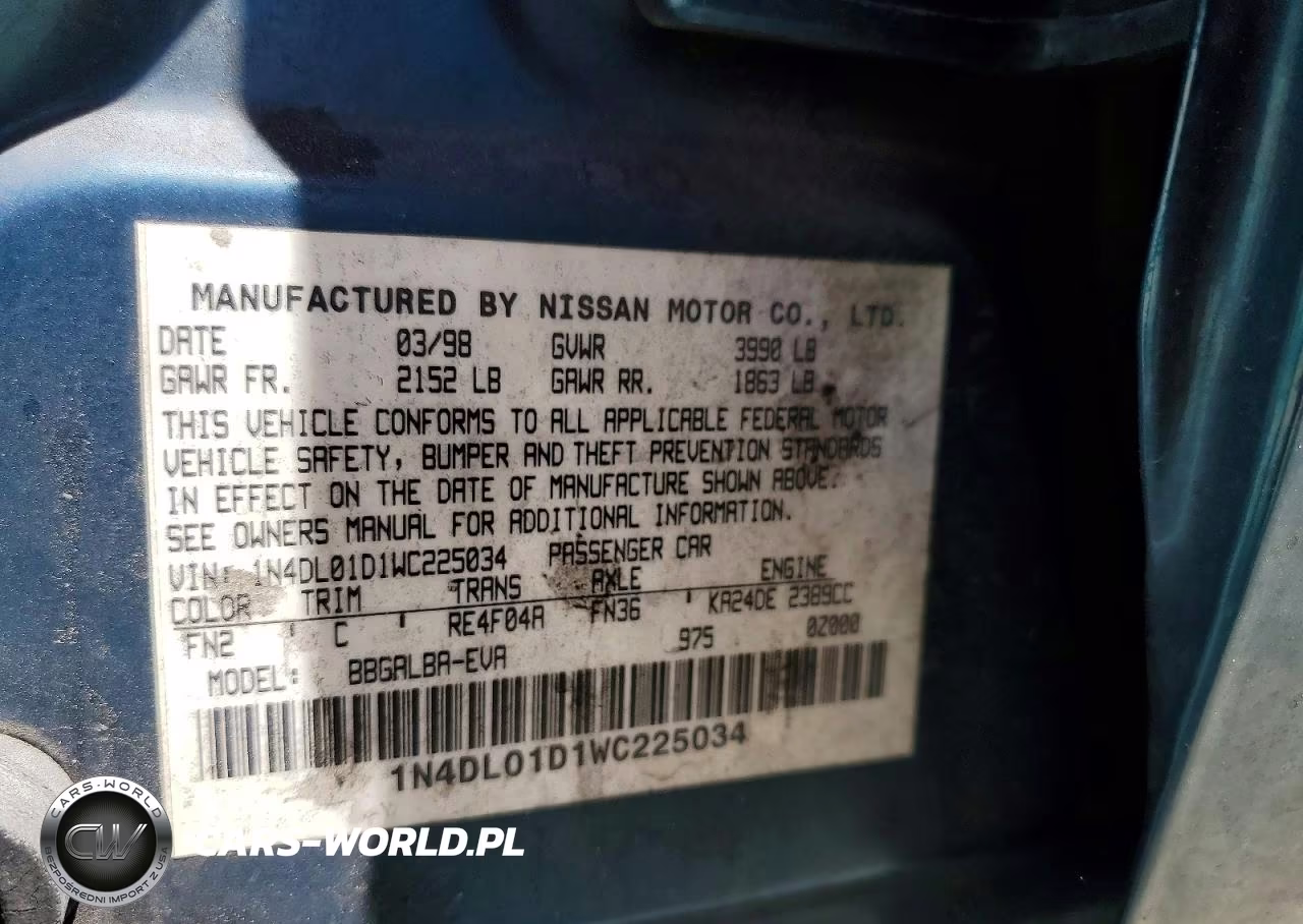 1998 Nissan Altima Xe VIN:1N4DL01D1WC225034 - 12
