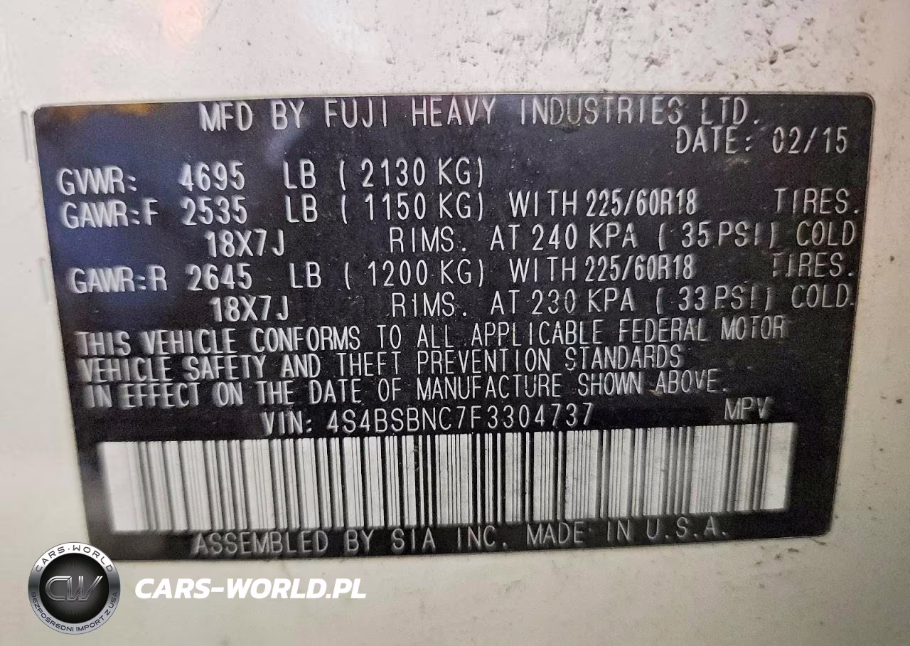 2015 Subaru Outback 2.5I Limited VIN:4S4BSBNC7F3304737 - 13