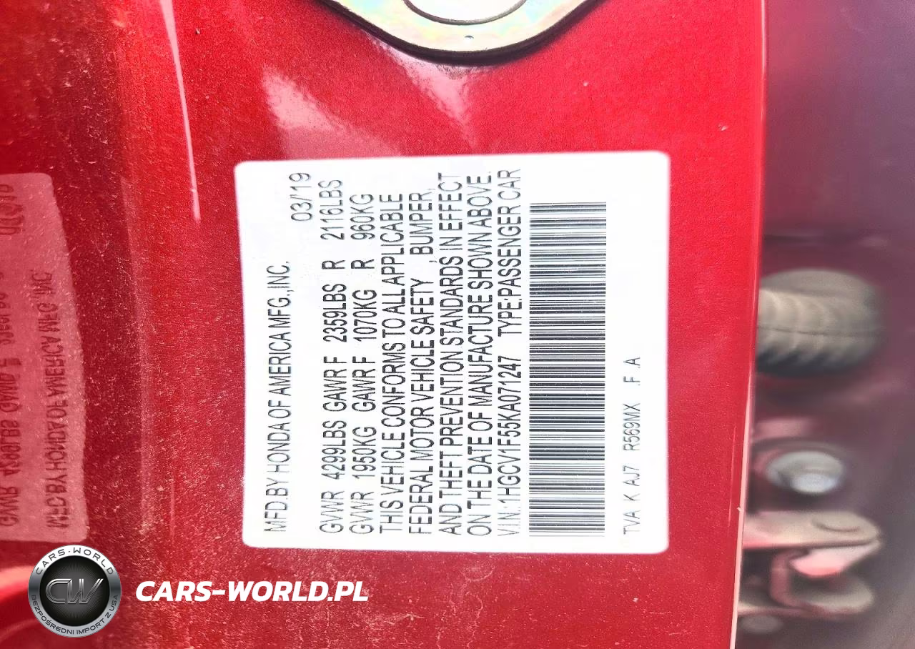 2019 Honda Accord Exl VIN:1HGCV1F55KA071247 - 12