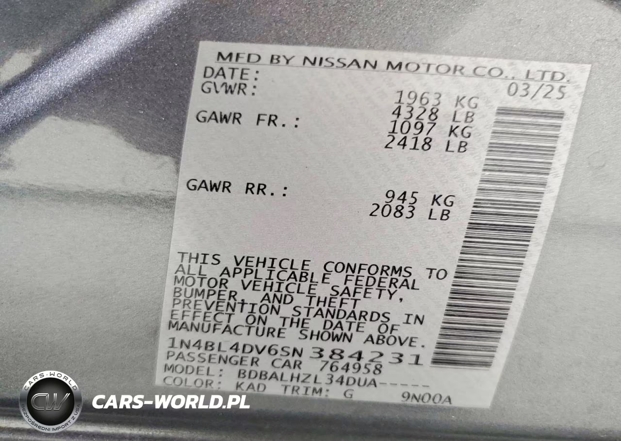 2025 Nissan Altima Sv VIN:1N4BL4DV6SN384231 - 13