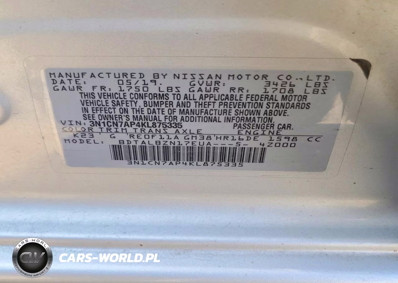 2019 Nissan Versa Sv VIN:3N1CN7AP4KL875335 - 12
