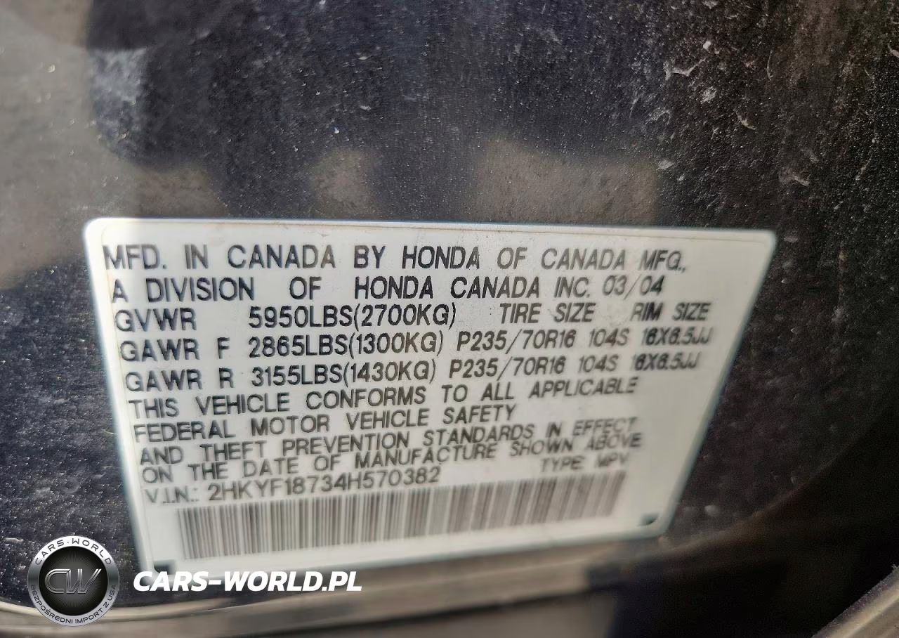 2004 Honda Pilot Exl VIN:2HKYF18734H570382 - 13