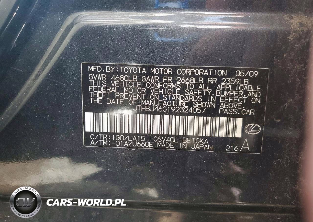 2009 Lexus Es 350 VIN:JTHBJ46G192324057 - 12