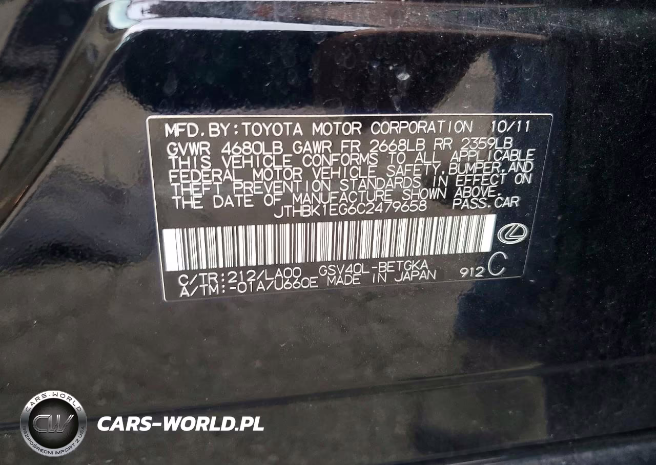 2012 Lexus Es 350 VIN:JTHBK1EG6C2479658 - 12