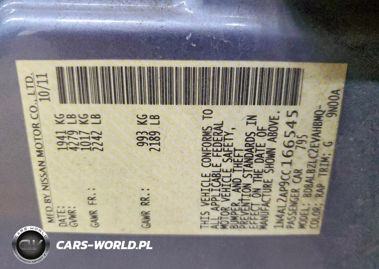 2012 Nissan Altima 2.5 VIN:1N4AL2AP9CC166545 - 12