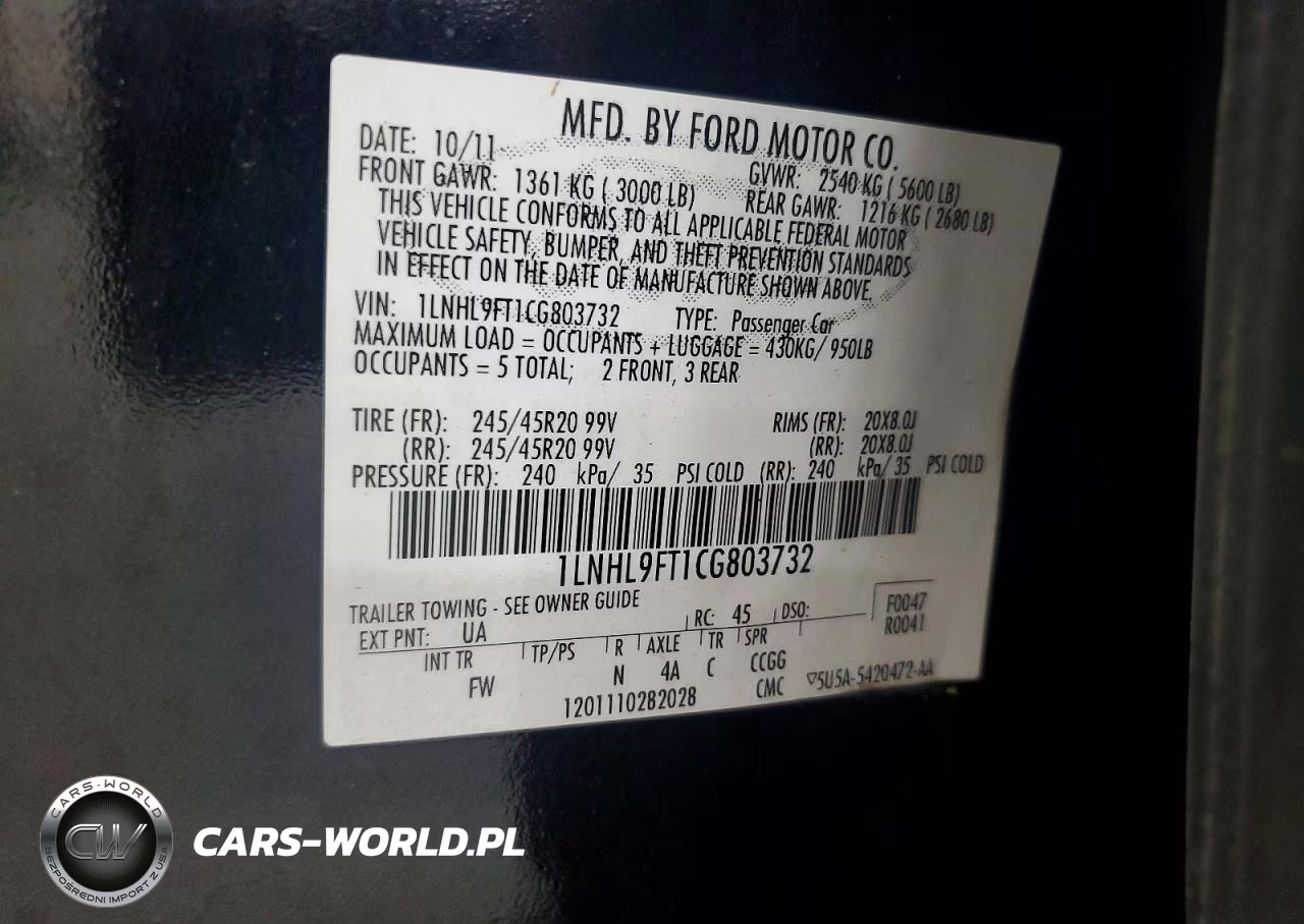 2012 Lincoln Mks VIN:1LNHL9FT1CG803732 - 12