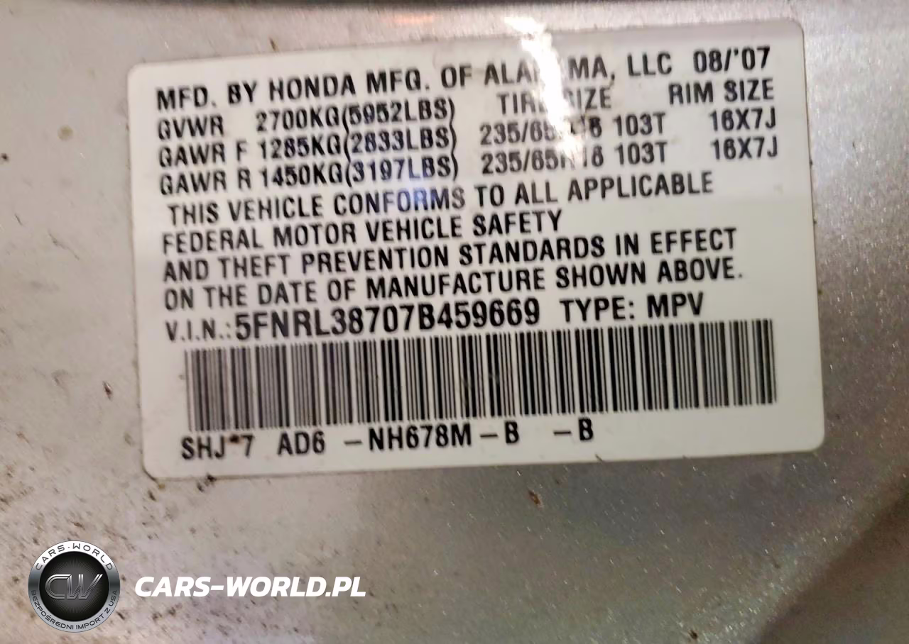 2007 Honda Odyssey Exl VIN:5FNRL38707B459669 - 13