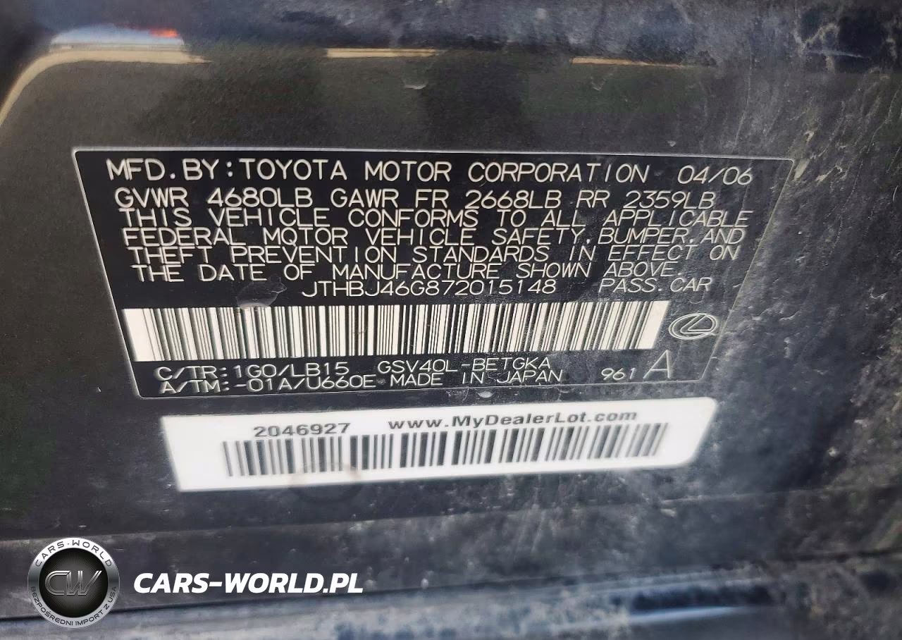2007 Lexus Es 350 VIN:JTHBJ46G872015148 - 12