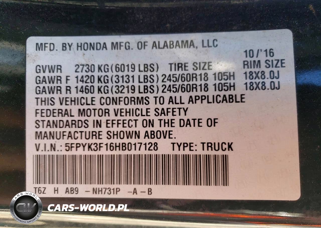 2017 Honda Ridgeline Sport VIN:5FPYK3F16HB017128 - 12