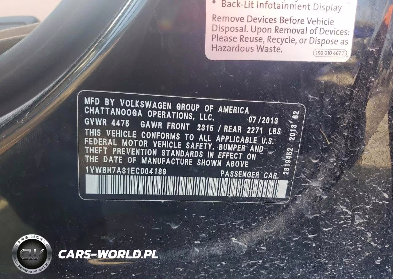 2014 Volkswagen Passat Se VIN:1VWBH7A31EC004189 - 12