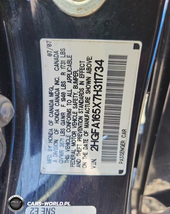 2007 Honda Civic Lx VIN:2HGFA165X7H311734 - 12
