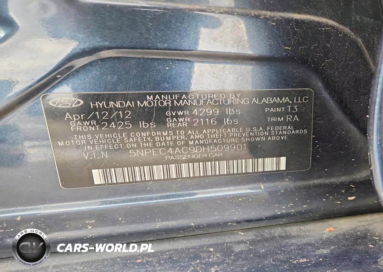2013 Hyundai Sonata Se VIN:5NPEC4AC9DH509901 - 12