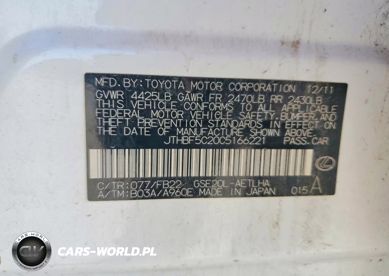 2012 Lexus Is 250 VIN:JTHBF5C20C5166221 - 12