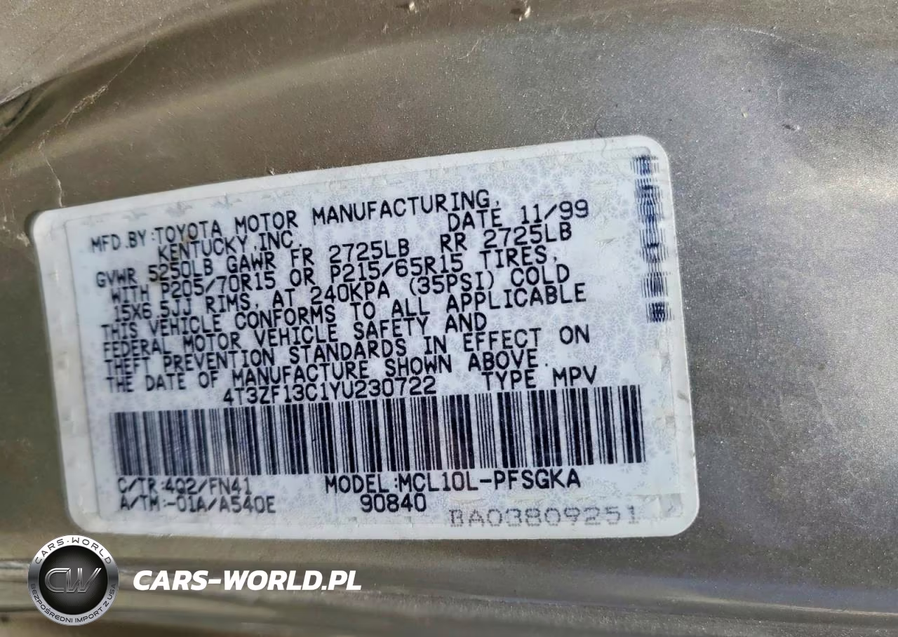 2000 Toyota Sienna Le VIN:4T3ZF13C1YU230722 - 13