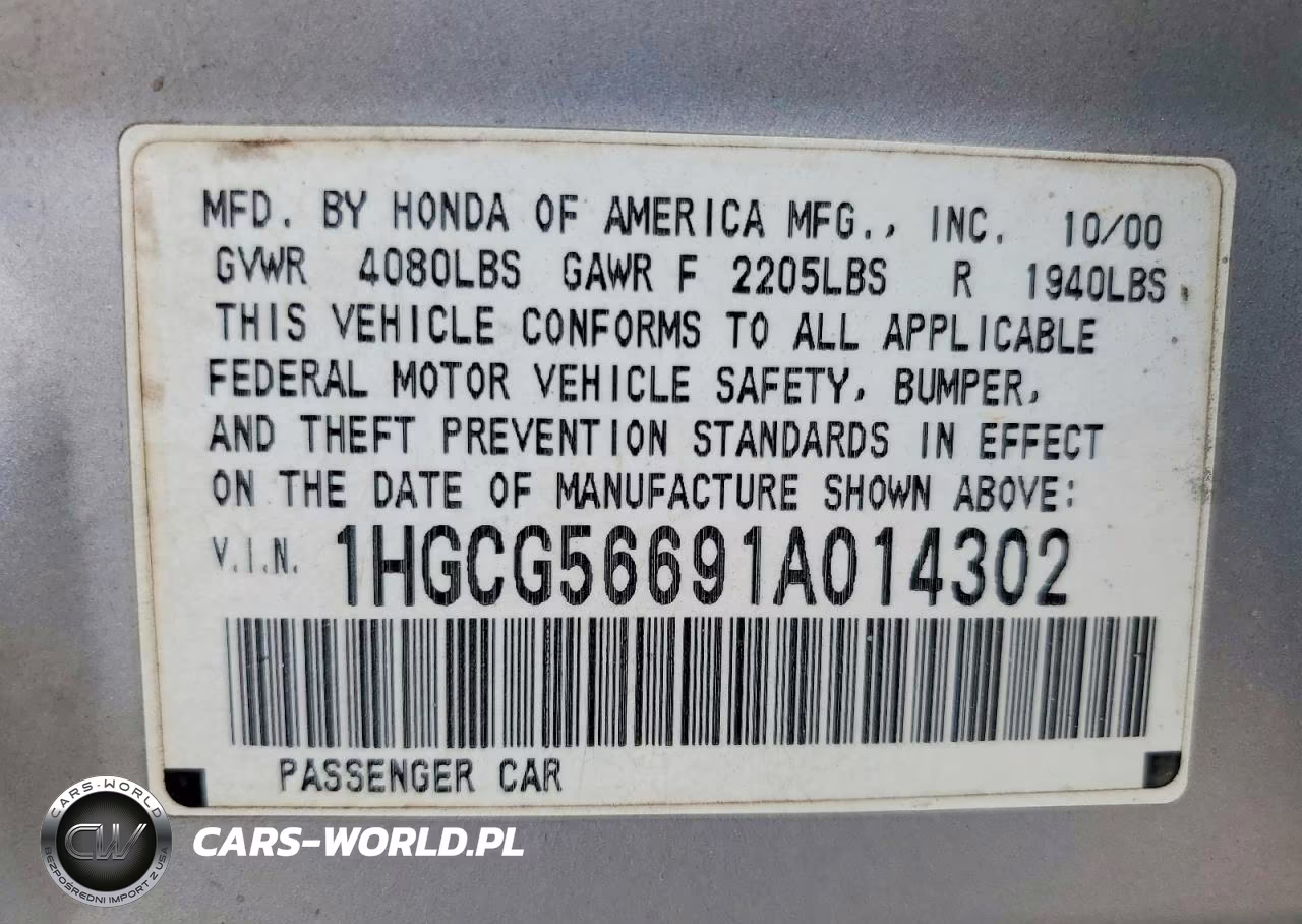 2001 Honda Accord Ex VIN:1HGCG56691A014302 - 12