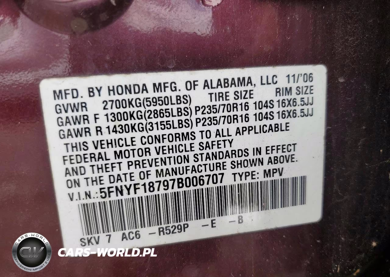 2007 Honda Pilot Exl VIN:5FNYF18797B006707 - 12